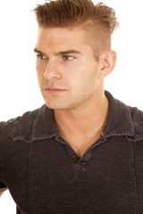 Obraz premium man gray shirt close look to side