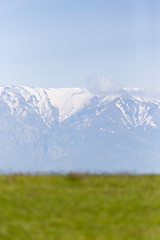 green glade near the snowy mountains