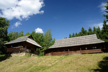 Fototapeta na wymiar Old wooden houses from Carpathian mountains,Pirogovo
