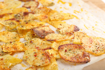 Homemade potato chips, close up
