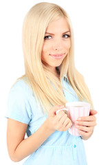 Young beautiful woman with cup of tea isolated on white