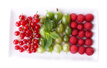 Forest berries on plate, isolated on white