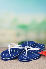Color flip-flops on sand, on nature background