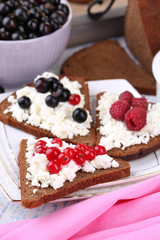 Bread with cottage cheese and berries on plate close-up