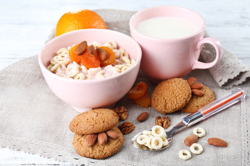 Healthy breakfast with cereal and milk, close up