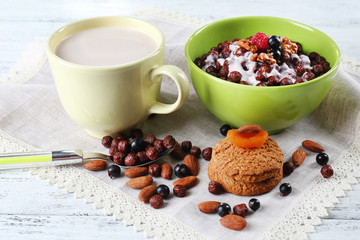 Healthy breakfast with cereal and milk, close up