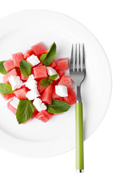 Salad with watermelon, feta and mint leaves