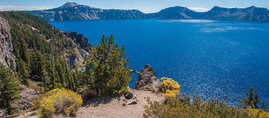 Fototapeta na wymiar Crater Lake and Wild Flowers Panorama