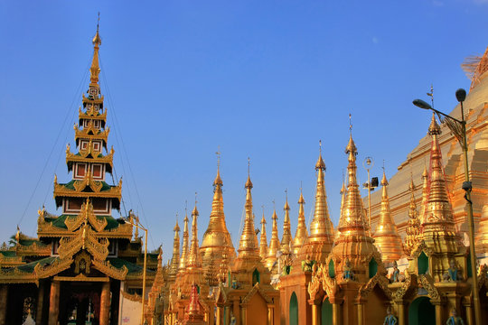 Rooftops of the temples, Shwedagon Pagoda complex, Yangon, Myanm