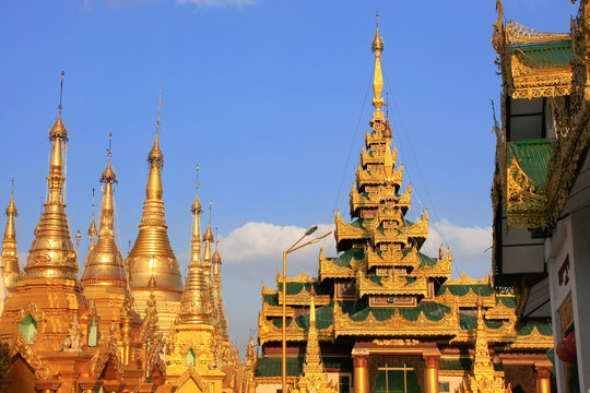 Rooftops of the temples, Shwedagon Pagoda complex, Yangon, Myanm