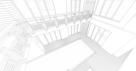 Perspective 3D render of building wireframe