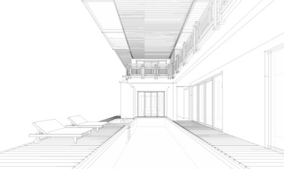 Perspective 3D render of building wireframe
