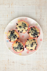 Homemade blueberry muffins in paper cupcake holder