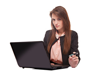 beautiful business woman smile sitting using laptop, isolated