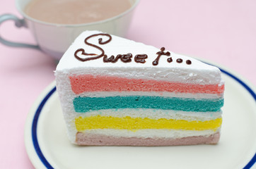 Rainbow cake with coffee