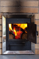 The wood stove with burning firewood