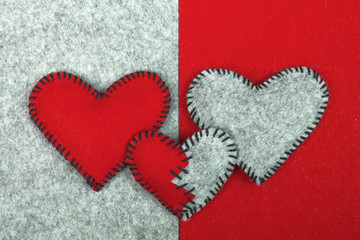felt hearts on two different backgrounds, valentines composition