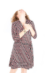Beautiful woman doing different expressions in different sets of clothes: heart attack