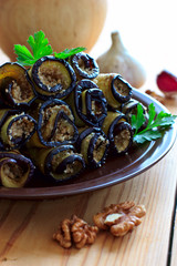 Eggplant rolls with walnut and garlic