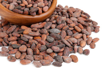Cocoa beans in bowl, isolated on white