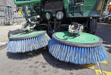 Process of urban street cleaning. Municipal machanical truck