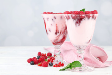 Tasty raspberry dessert with berries