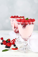Tasty raspberry dessert with berries