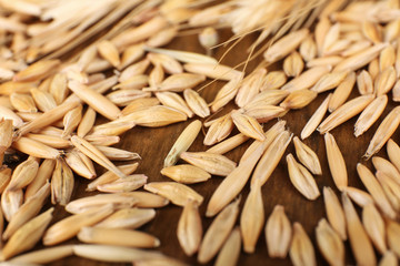 Obraz premium Rye grains and ears on table, close-up