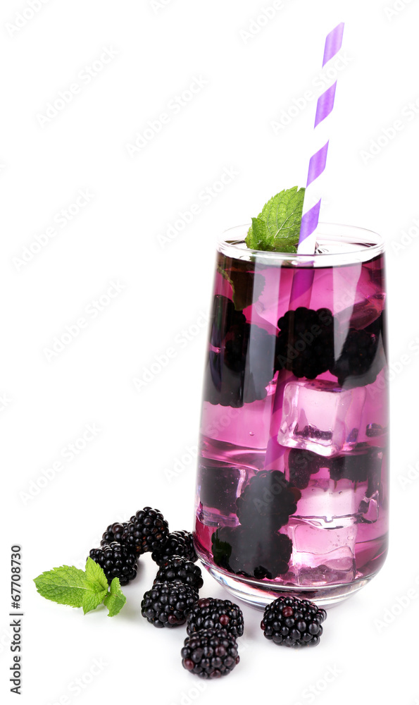 Wall mural tasty cool blackberry lemonade with ice, isolated on white