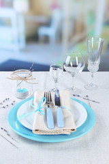 Dining table setting with lavender flowers