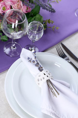 Dining table setting with lavender flowers