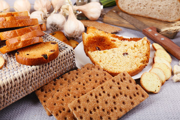 Homemade croutons on table in kitchen, close up