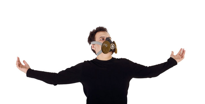 Young handsome man in black shirt and respirator