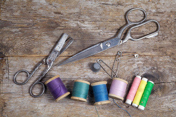 Vintage Background with sewing tools and colored tape