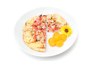 pizza and thai dessert isolated on white