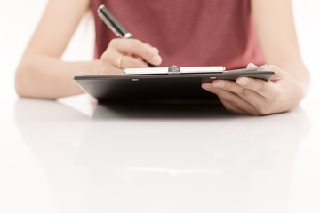 woman hand with pen and business report. Accounting