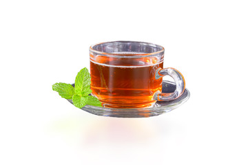 Glass cup of tea with mint isolated on white