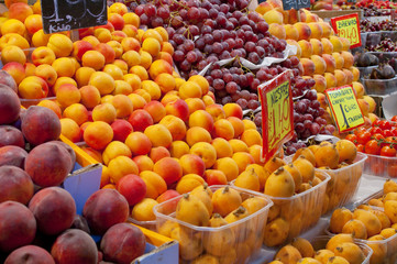 Fruit and vegetable stall in market de la Boqueria at Barcelona