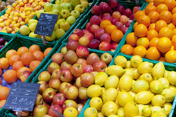 Fruits stall in La Boqueria, the most famous market in Barcelona