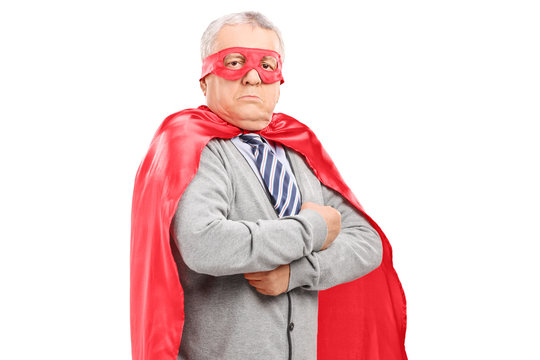 Mature man in superhero costume