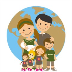 Familia numerosa. Personajes infantiles. Fondo con la imagen de la Tierra. Ilustración vectorial