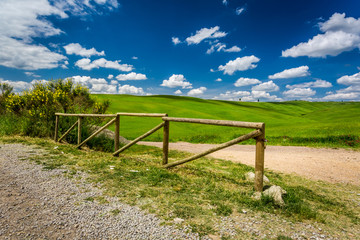 Fototapeta na wymiar Old wooden fence, dirt road and green field