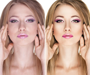 beauty concept before and after contrast, retouch of portrait