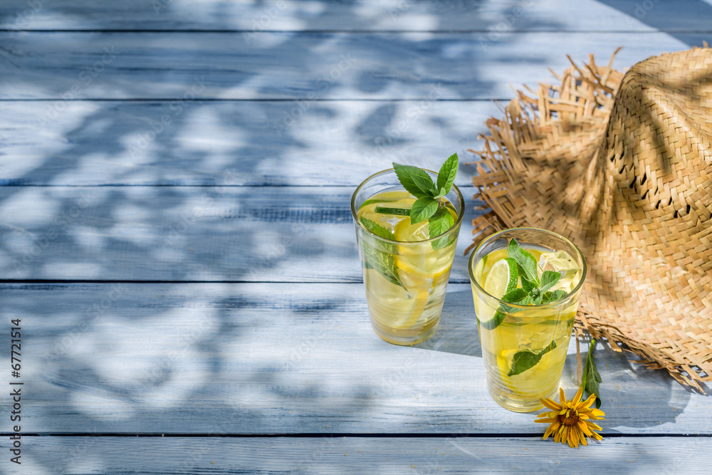 Wall mural cold drink with lemon and mint leaf as summer background