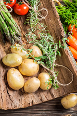 Various fresh vegetables on bark