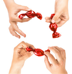 Set of hands holding red candies in different ways