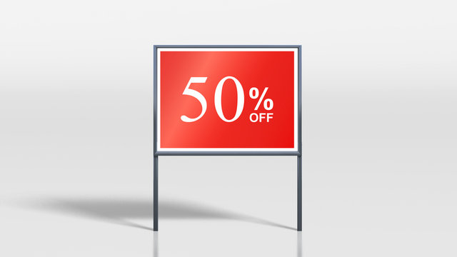 shop signage stands 50 percent off sign
