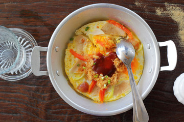 Breakfast with fried eggs pan