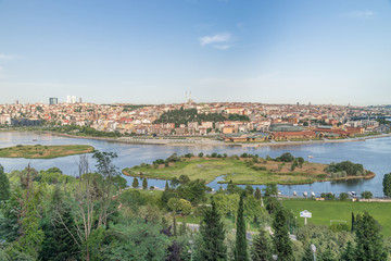 Fototapeta premium Panoramic view of Golden Horn inlet at sunset, Istanbul.