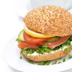 healthy burger with cheese, salmon and vegetables